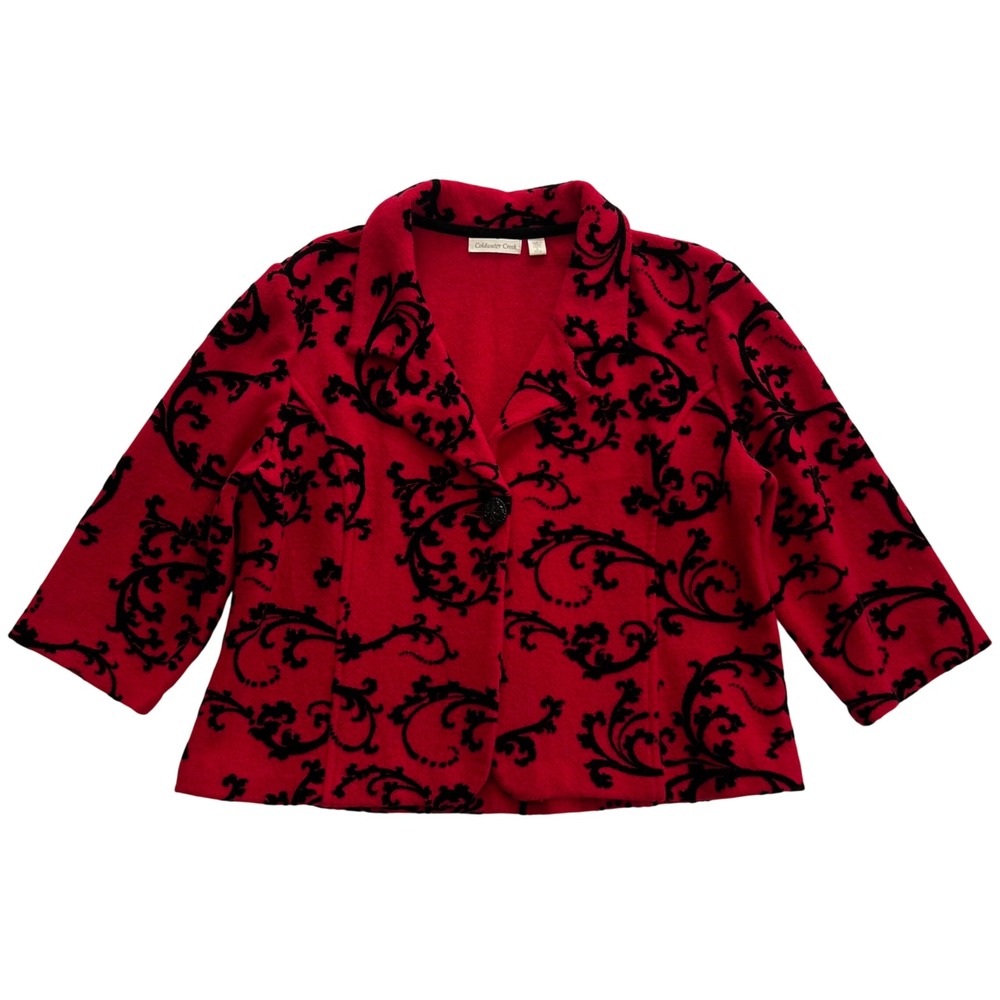 Coldwater Creek Red Black Whimsigoth Baroque Art Nouveau 100% Wool Blazer Size L